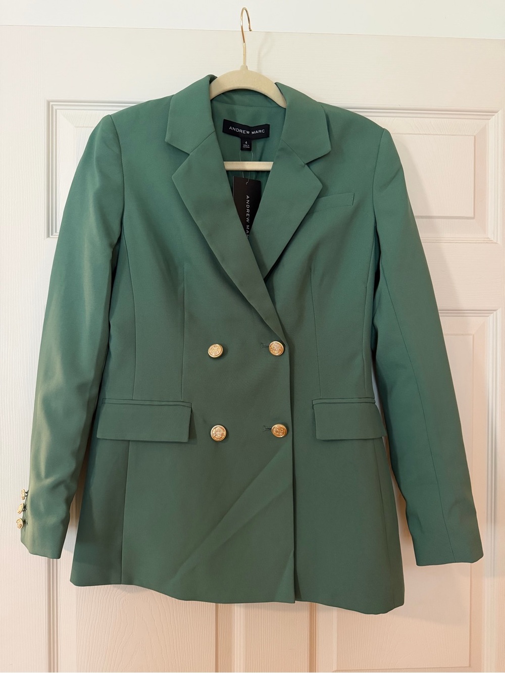Andrew Marc Green Double-Breasted Blazer with Gold Buttons